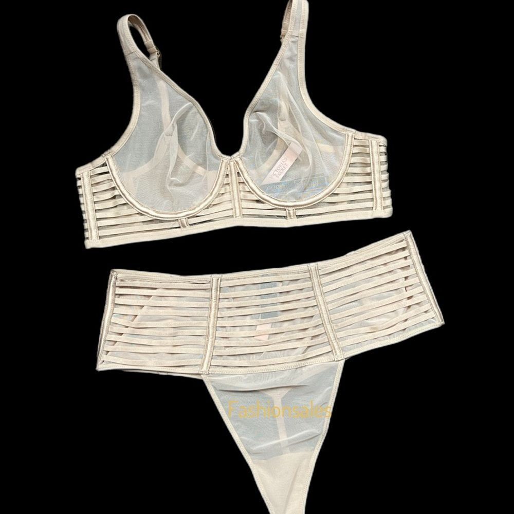 Victorias Secret Set Sexy Sheer Mesh Unlined Plunge bra & High Waist Thong panty